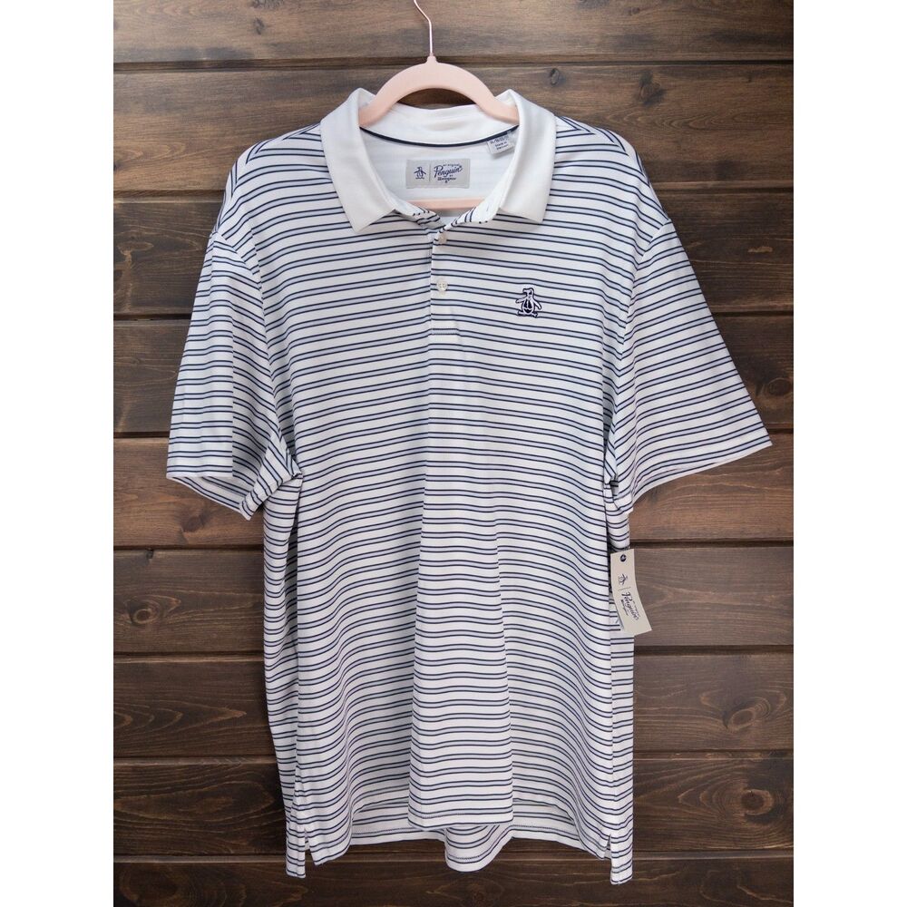 Original Penguin Heritage Stripe Golf Polo White Navy Mens XL Performance Shirt
